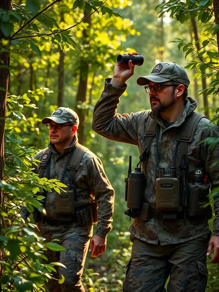 A photograph of SPCCVL members on patrol in a wooded area, equipped with appropriate gear, symbolizing their anti-poaching efforts. The image should evoke a sense of vigilance and protection.