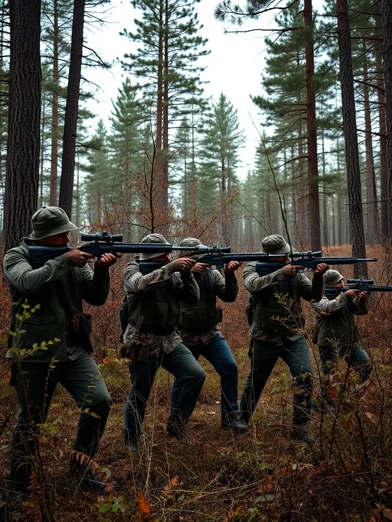 A high-quality image of hunters participating in a controlled hunt, emphasizing responsible hunting practices and community involvement.