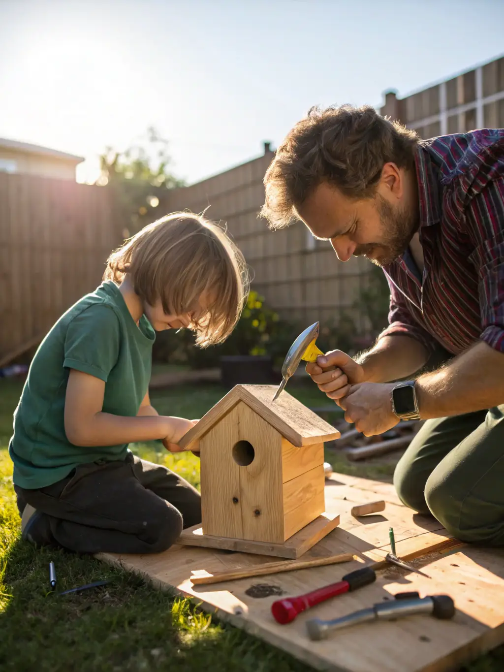 A photograph showcasing SPCCVL members constructing birdhouses and feeders, emphasizing the organization's dedication to protecting useful species. The image should highlight the hands-on nature of the project.