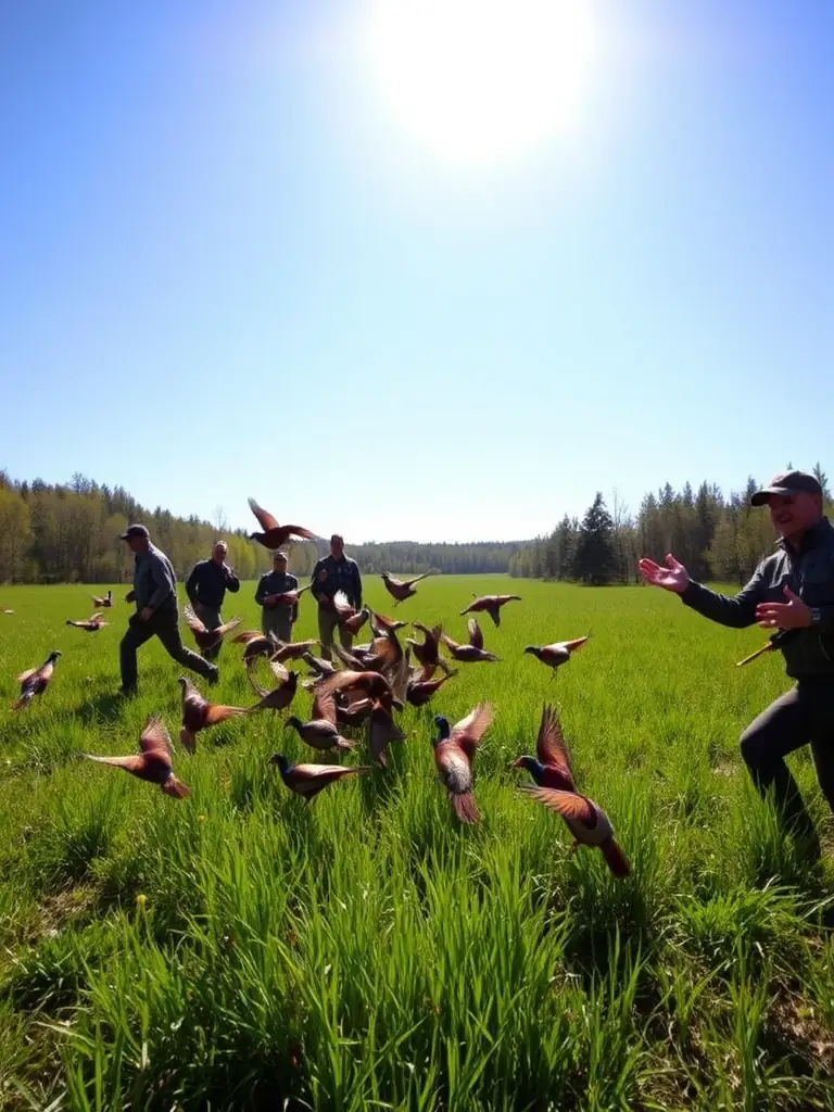 A high-quality photograph depicting the release of young pheasants into a managed habitat, showcasing SPCCVL's wildlife restocking program. The image should convey a sense of conservation and environmental stewardship.