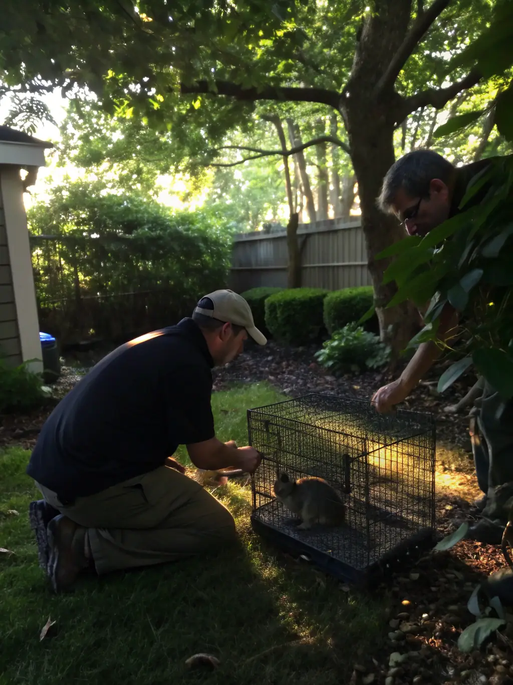 A clear image of SPCCVL members setting up a humane trap for controlling invasive species, illustrating the organization's commitment to nuisance control. The setting should be rural and natural.